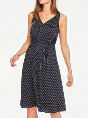 ANN TAYLOR Navy Blue White Striped Sleeveless V-Neck Midi Dress Tie Nautical 12